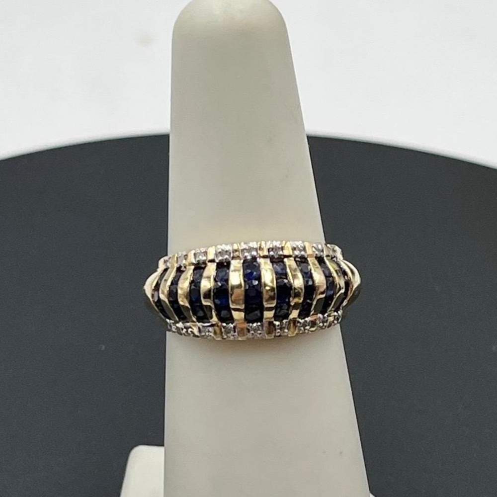 14k Yellow Gold Vintage London Blue Topaz and Diamond Domed Curved Ring Sz 6.75